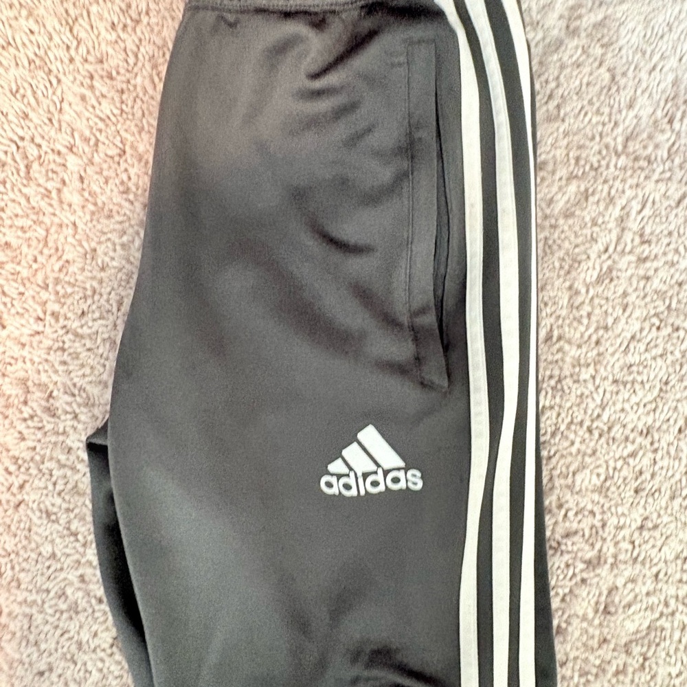 adidas Grey Men’s Soccer Pants Joggers with White Three-Stripes